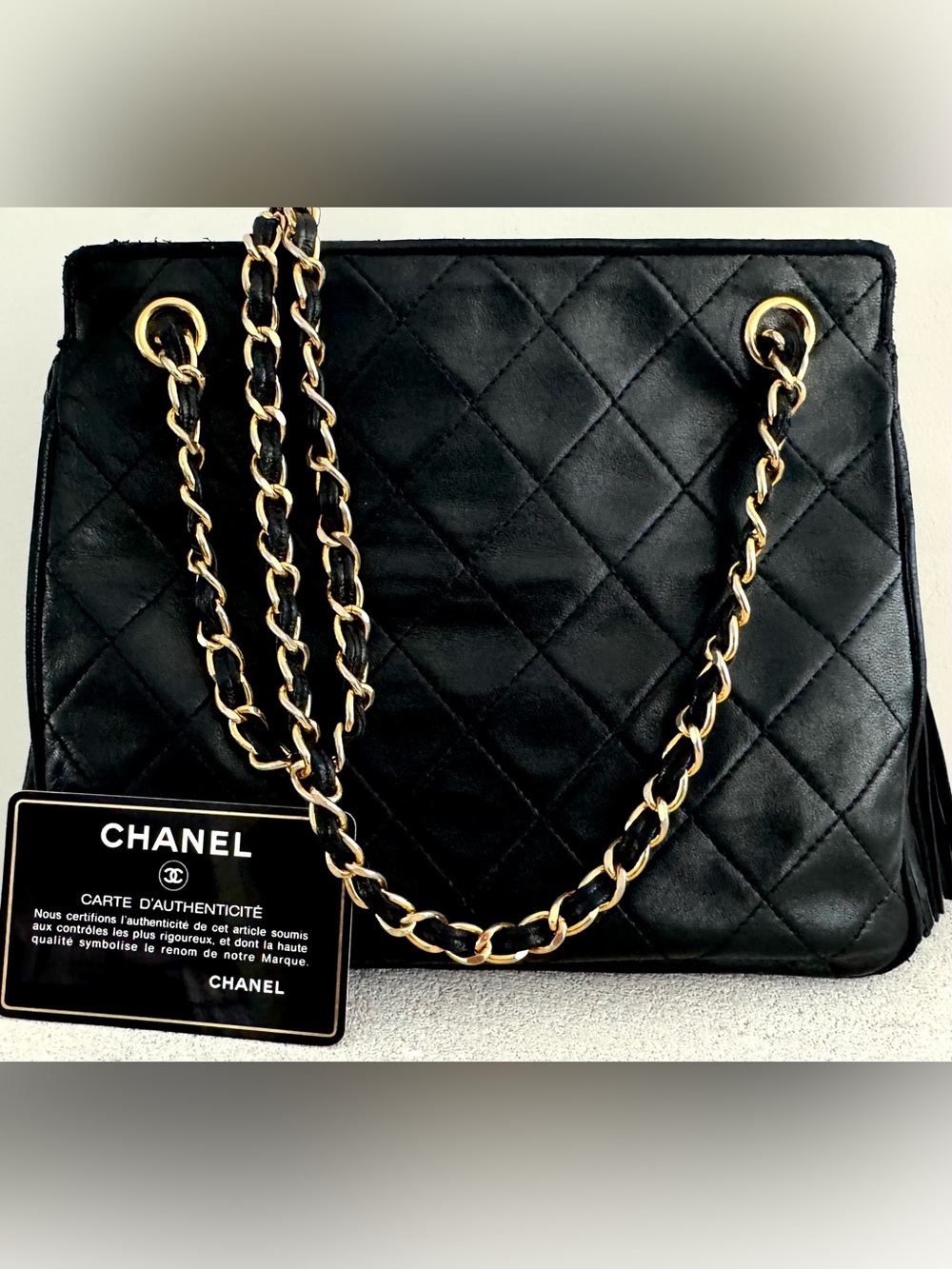 CHANEL Vintage Black Lambskin Tassel Chain Shoulder Bag 1 Series 24K GHW